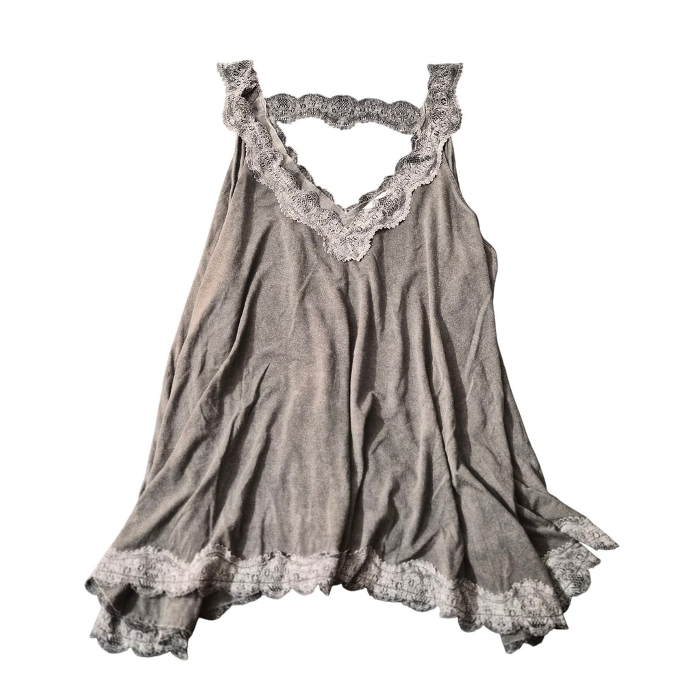 La Miel Gray Lace Trim Babydoll Tank Top Sleeveless V-Neck HUT7294 Small